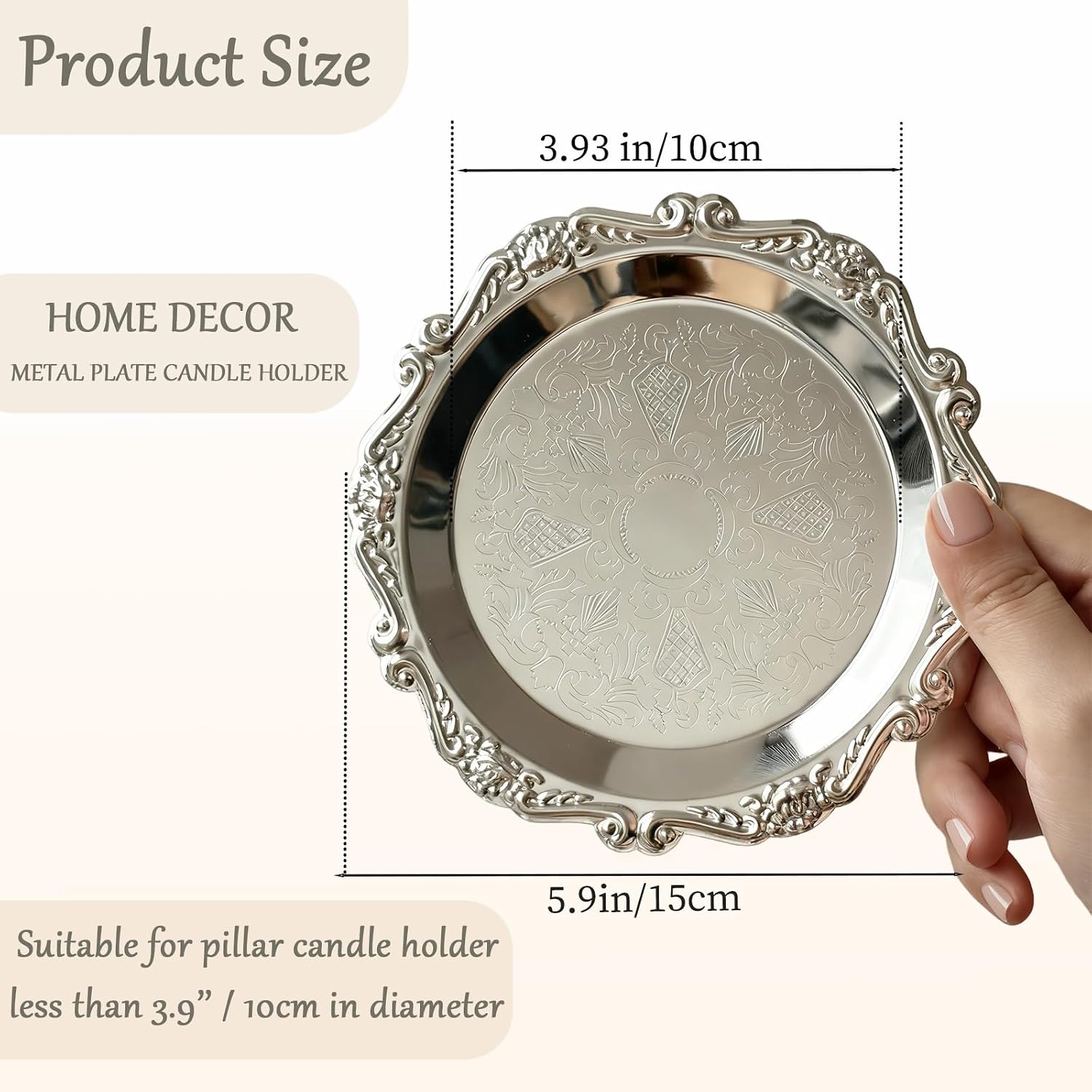 Pillar Candle Holder Set of 2 Jewelry Dish Ring Holder Candle Stand Decorative Metal Plate Vanity Tray for Weding Home Decor (Silver)