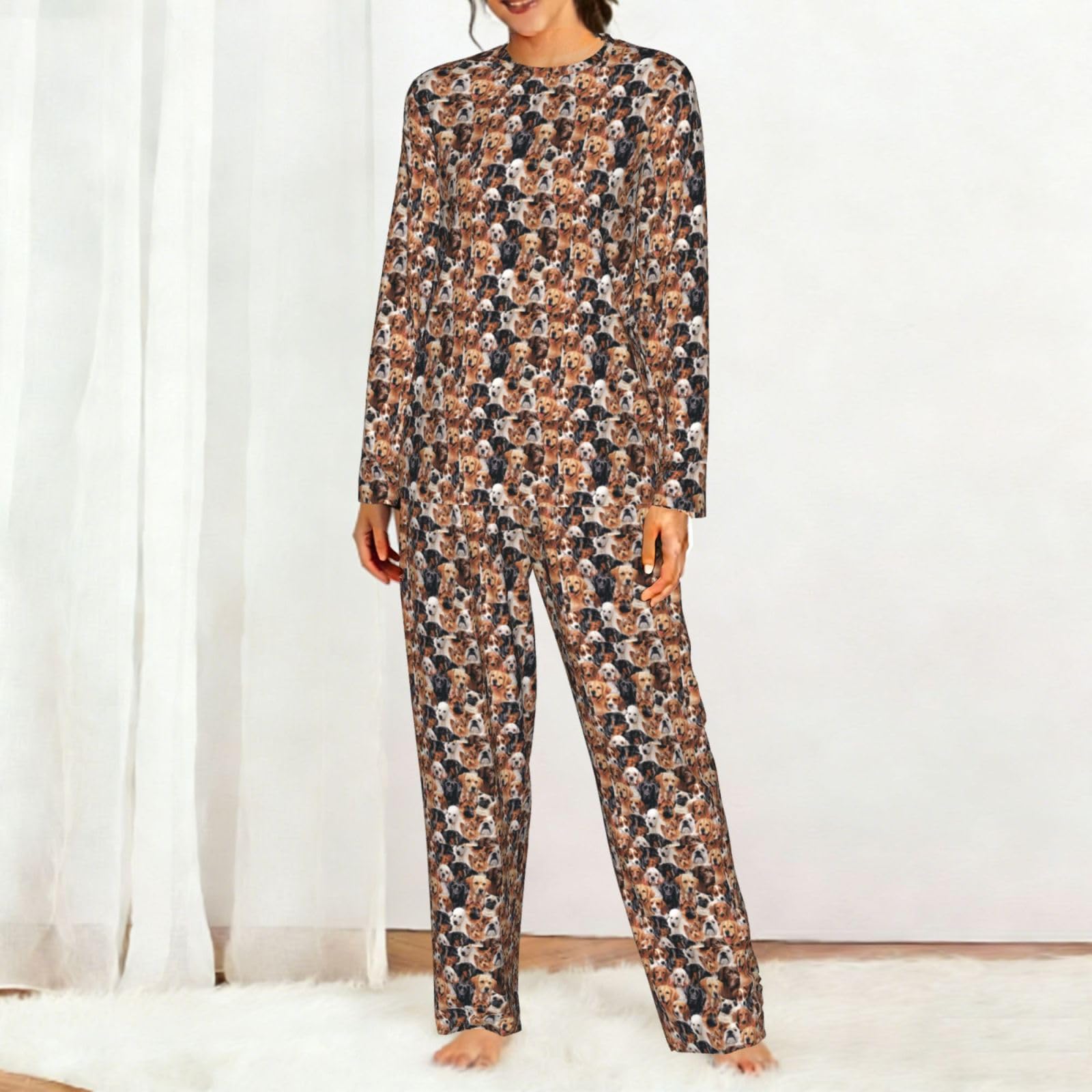 Molti Cani Stampa Delle Donne Manica Lunga Pigiama Corrispondente Morbido Elastico Coulisse Casual Daywear