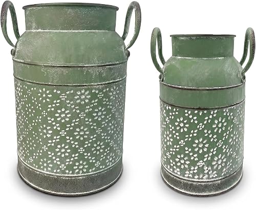 Set of 2 Sage Green Farmhouse Milk Can Vases, Vintage Iron Jug Decor | Handles, French Country Style, Decorative Pitcher Buckets, Home Kitchen Living Room Table Decor