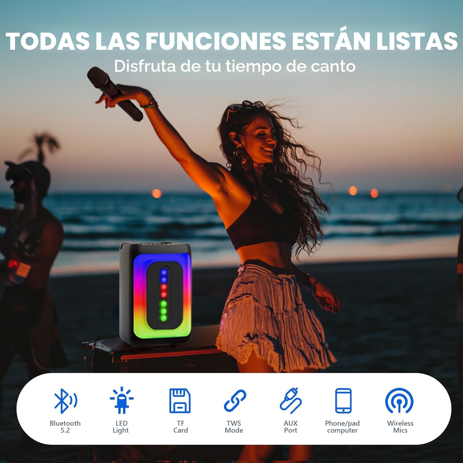 Ankuka Máquina de Karaoke con 2 micrófonos, Altavoz Bluetooth portátil con Luces LED, TF/USB, FM, AUX, TWS para Fiestas y Adultos, Regalo para Amigos y Familiares (Negro)
