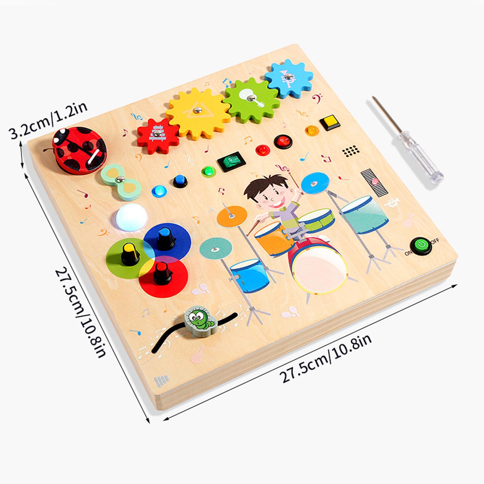 Fabater Sensorisches Holzbrett, 3 AAA-Batterien, Trommelmuster, Sensorisches Spielzeug mit LED-Leuchtschalter, Aktivitätsbrett aus Holz mit Feinmotorischer Entwicklung für Kleinkinder Im Frühstadium