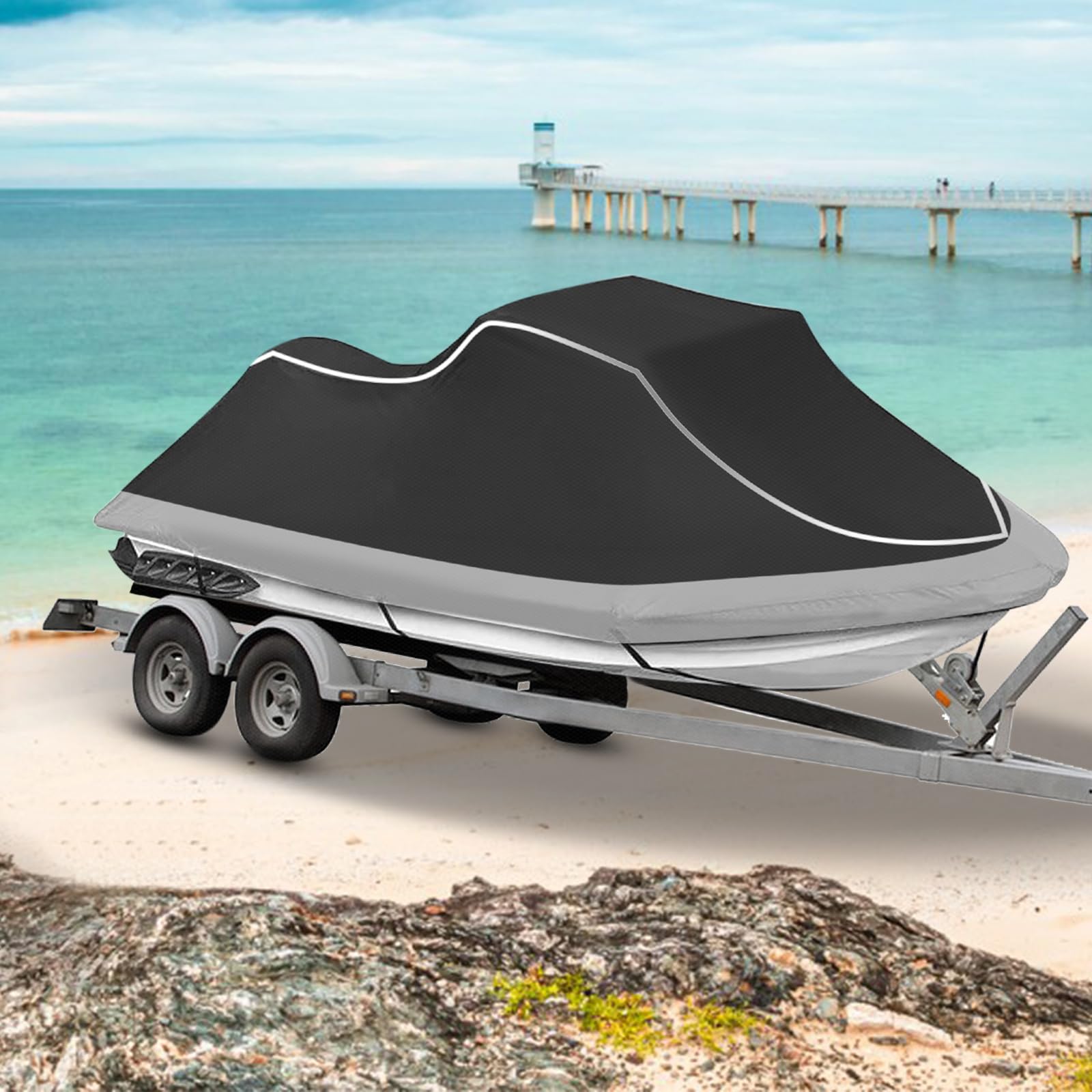 Housse de Jet Ski remorquable – Housse de Protection imperméable et résistante pour PWC 2 Places avec Bandes réfléchissantes et aérations pour Seadoo, Yamaha, Kawasaki Polaris, Convient