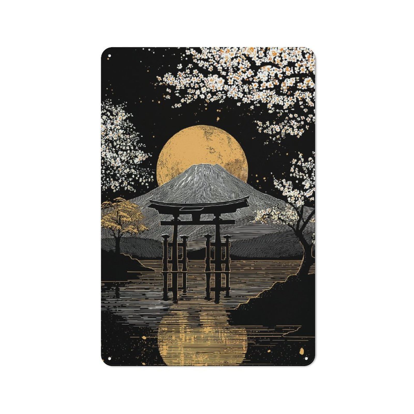 Mount Fuji with Torii Gate And Moon Tin Wall Sign 30x20cm, Character Room Wall Plaque for Bedroom, Kitchen, Office Or Living Room