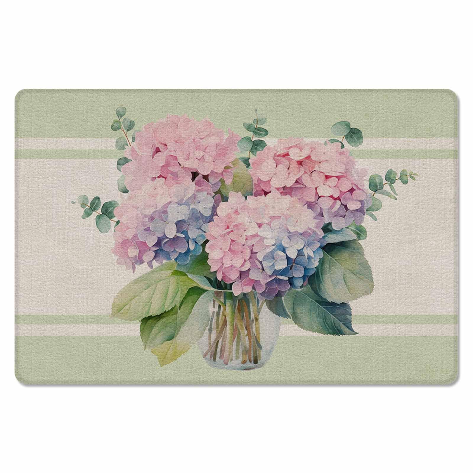 Flower Eucalyptus Antifatigue Kitchen Bath Door Mat Cushioned Runner Rug,Washable Welcome Floor Sink Mat,Waterproof & Non-Slip Standing Doormat for Kitchen,Retro Sage Green Farmhouse Stripes 18