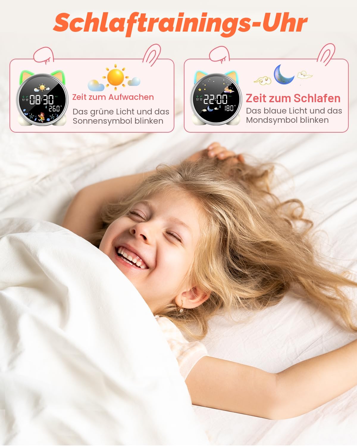 Lemnoi Kinderwecker Lichtwecker für Jungen und Mädchen, Batteriebetrieben Kinder Schlaftrainer mit Nachtlicht, Countdown, Snooze-Funktion, 3 Helligkeitsstufen und Buntem Licht, Lichtwecker für Kinder