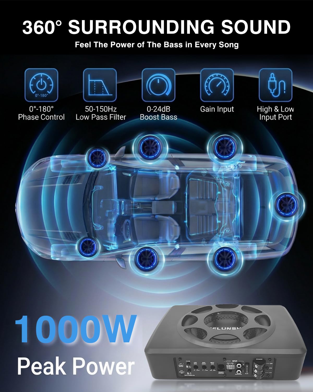 Subwoofer attivo 8 pollici 1000W Salvaspazio per Auto | Struttura compatta salvaspazio 8 pollici 1000W Bassi profondi, ingombro ridotto per Auto Musica e guida