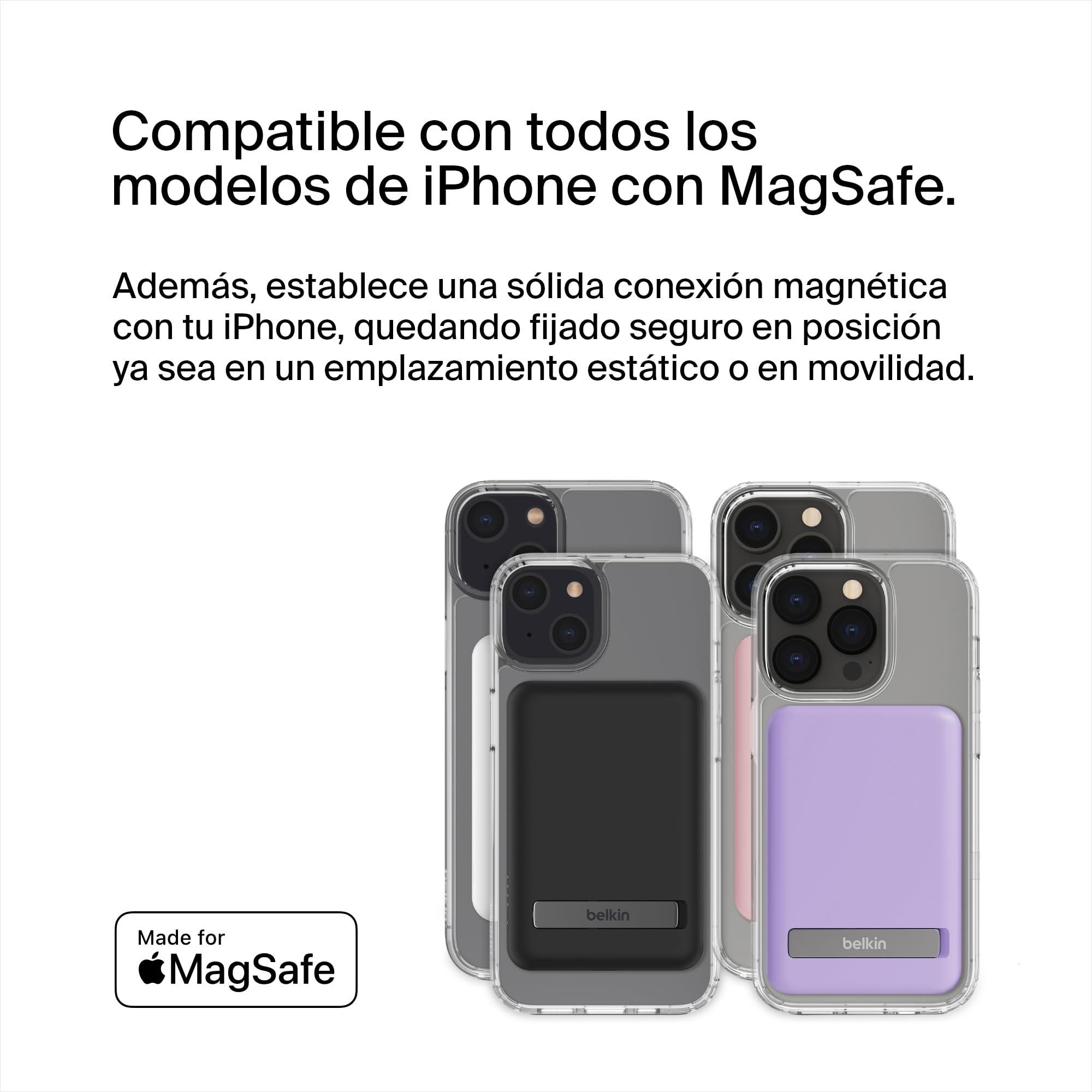 Belkin batería externa magnética de 5000 mAh, cargador portátil compatible con MagSafe, pass-through, power bank con salida de 7,5 W y entrada de 10 W, soporte extraíble, iPhone 17, 16, 15 y más, rosa