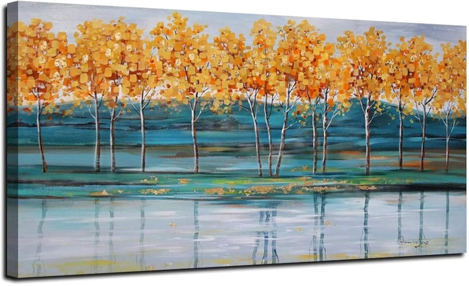 BPA® Gold Trees Canvas Wall Art Nature Painting Modern Blue Landscape Mountain Artwork, Abstract Teal Scenery Picture Large Size Framed for Living Room Bedroom, Home Office Wall Decor, 120x60cm