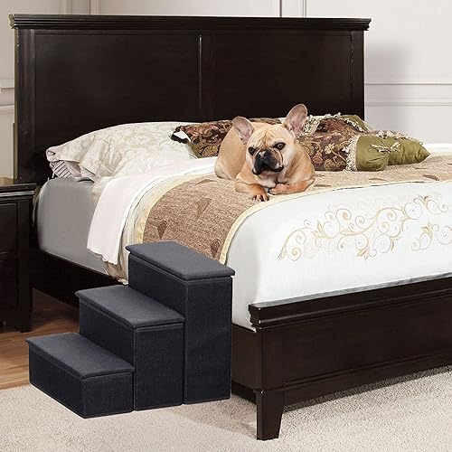 Miniatura 7 de Etna Escaleras plegables para mascotas de 3 escalones con almacenamiento, para perros, gatos, tapizados de tela, tapizados y acolchados, color negro