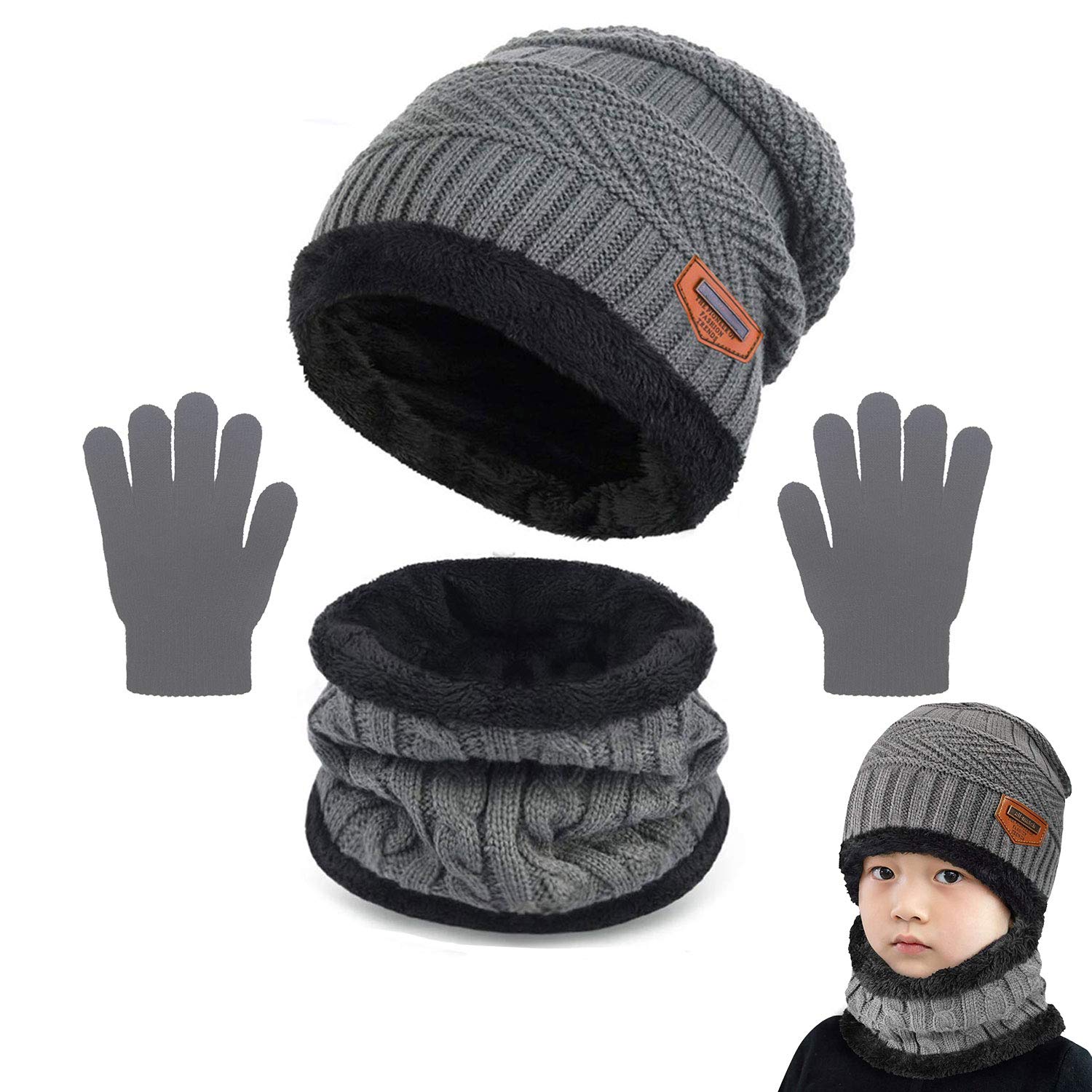 Joligiao Green Kids Winter Knitted Beanie Hat Scarf Gloves Set Warm Soft Hat Fleece Inner Lining Circle Loop Scarf Gloves 3-In-1 Set For Children (,One Size)