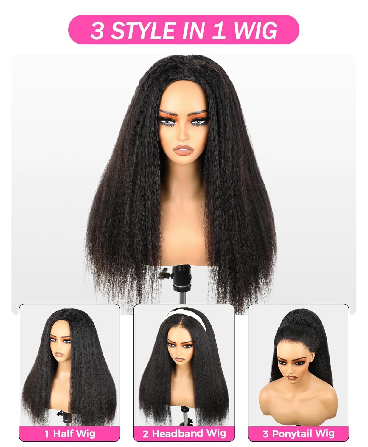 Pelucas Mujer Pelo Natural Humano Negro Half Wig Human Hair Yaki Straight Wigs 100% Cabello Humano Brasileño With Drawstring 180% Densidad Ready to Go Glueless para Mujer 16 Pulgadas