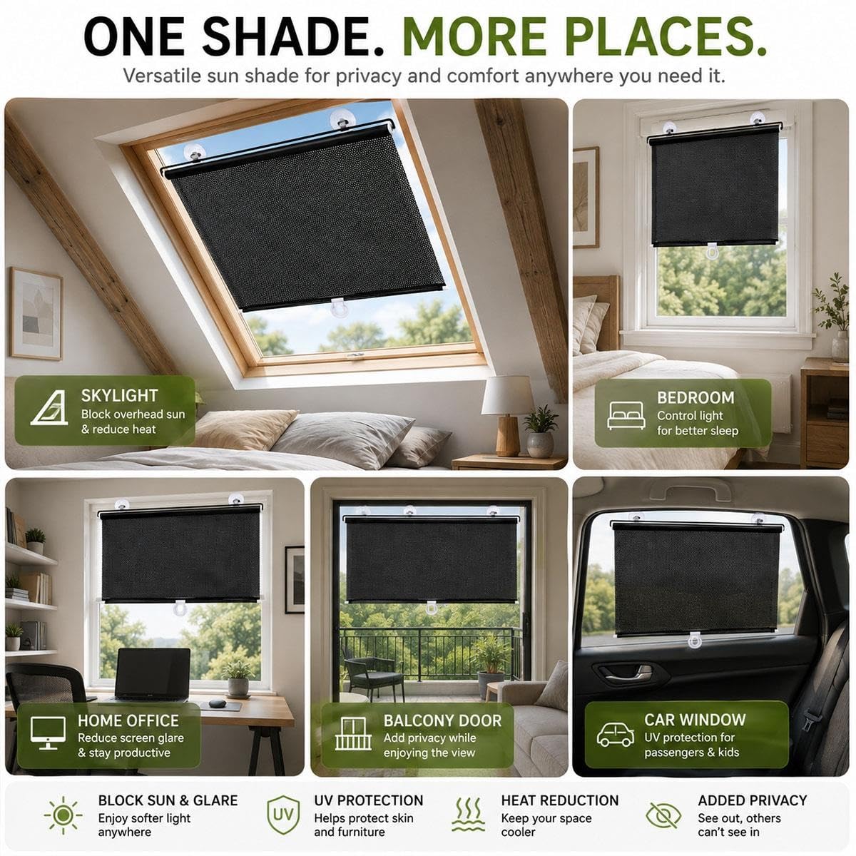 Store Enrouleur à Ventouses, Pare-Soleil Rétractable sans Perçage pour Fenêtre Bureau Véranda Fenêtre de Toit et Voiture, Store Intérieur Anti-Éblouissement et Brise-Vue(W 60 x 120 cm)