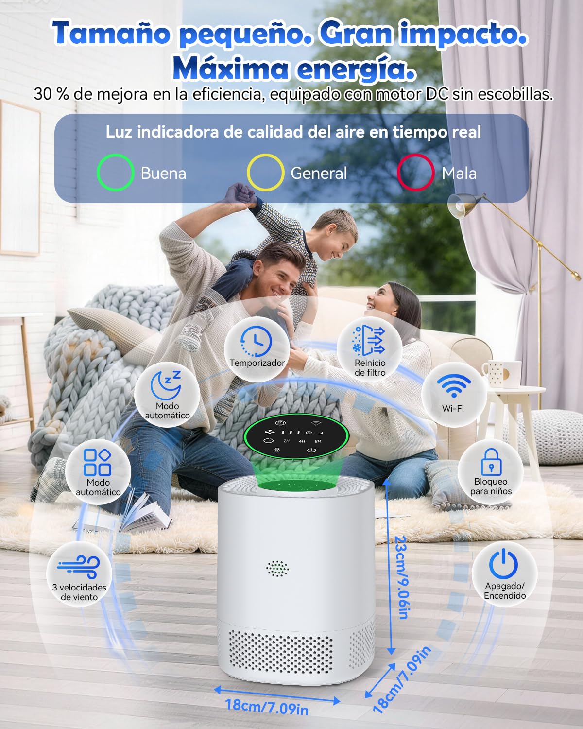 Purificador de aire inteligente USB‑C, Filtro HEPA 3‑en‑1, 3 velocidades, modo sueño, bloqueo infantil, temporizador 2/4/8h, purificador compacto para dormitorio, oficina, coche, blanco