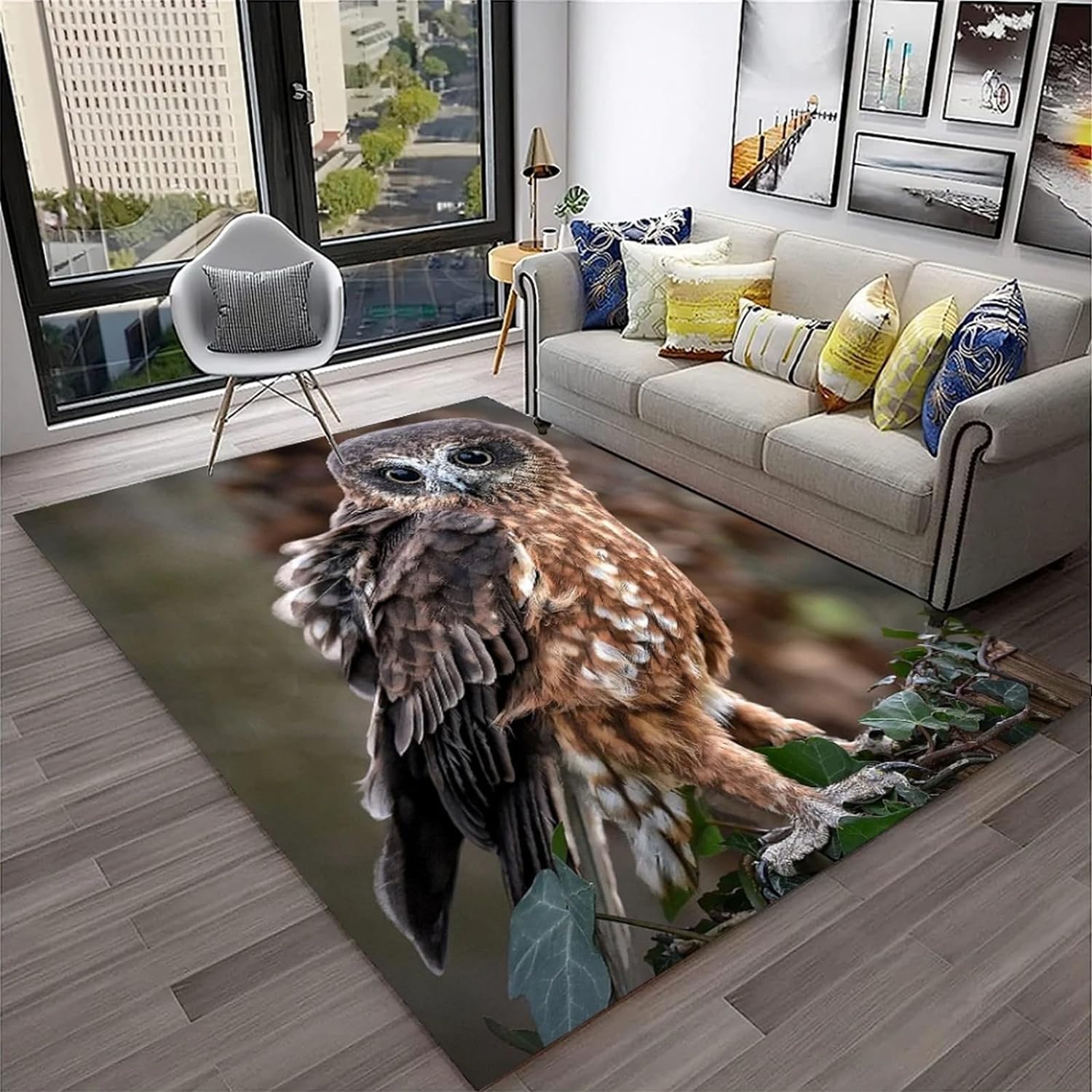 Tapis salon hibou moderne 140x200 lavable antidérapant entrée