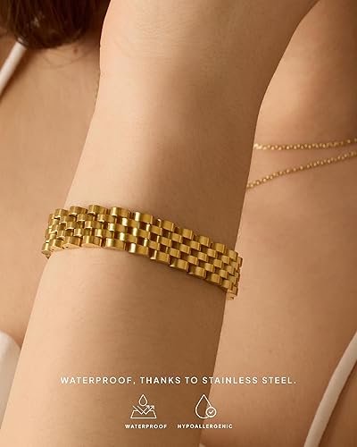 Miniatura 2 de PAVOI Pulsera de cadena de reloj impermeable chapada en oro de 14 quilates para mujer, pulsera de eslabones gruesos de acero inoxidable con metales