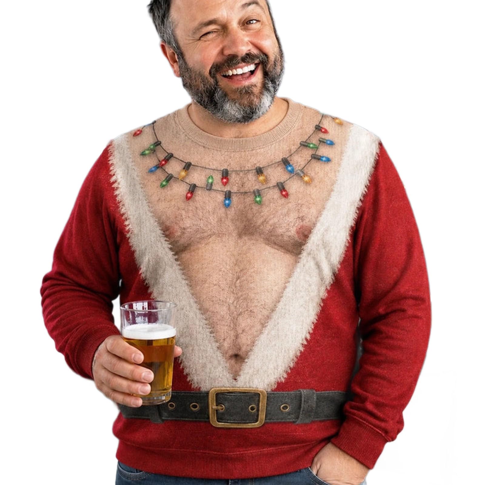 Funny Ugly Christmas Sweatshirt for Men, 3D Hairy Chest Body Sweaters Shirt