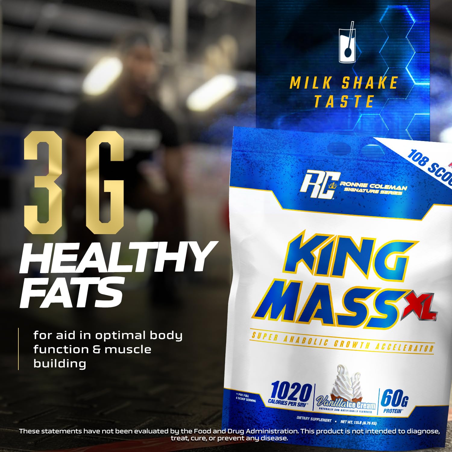 Ronnie Coleman Signature Series King Mass XL Mass Gainer Protein Powder, Muscle Gainer, 60g Protein, 180g Carbohydrates, 1,000+ Calories, Creatine and Glutamine, Vanilla Ice Cream, 15 Pound — Amazon image 4