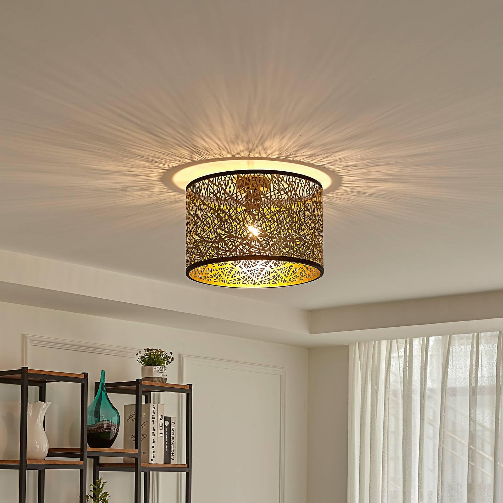 Lindby Plafonnier Yonah à intensité variable (Traditionnel) en Doré Textile e. a. pour Salon & Salle manger (1 lampe,à E27), Luminaire Lampe Plafond Eclerage Eclairage