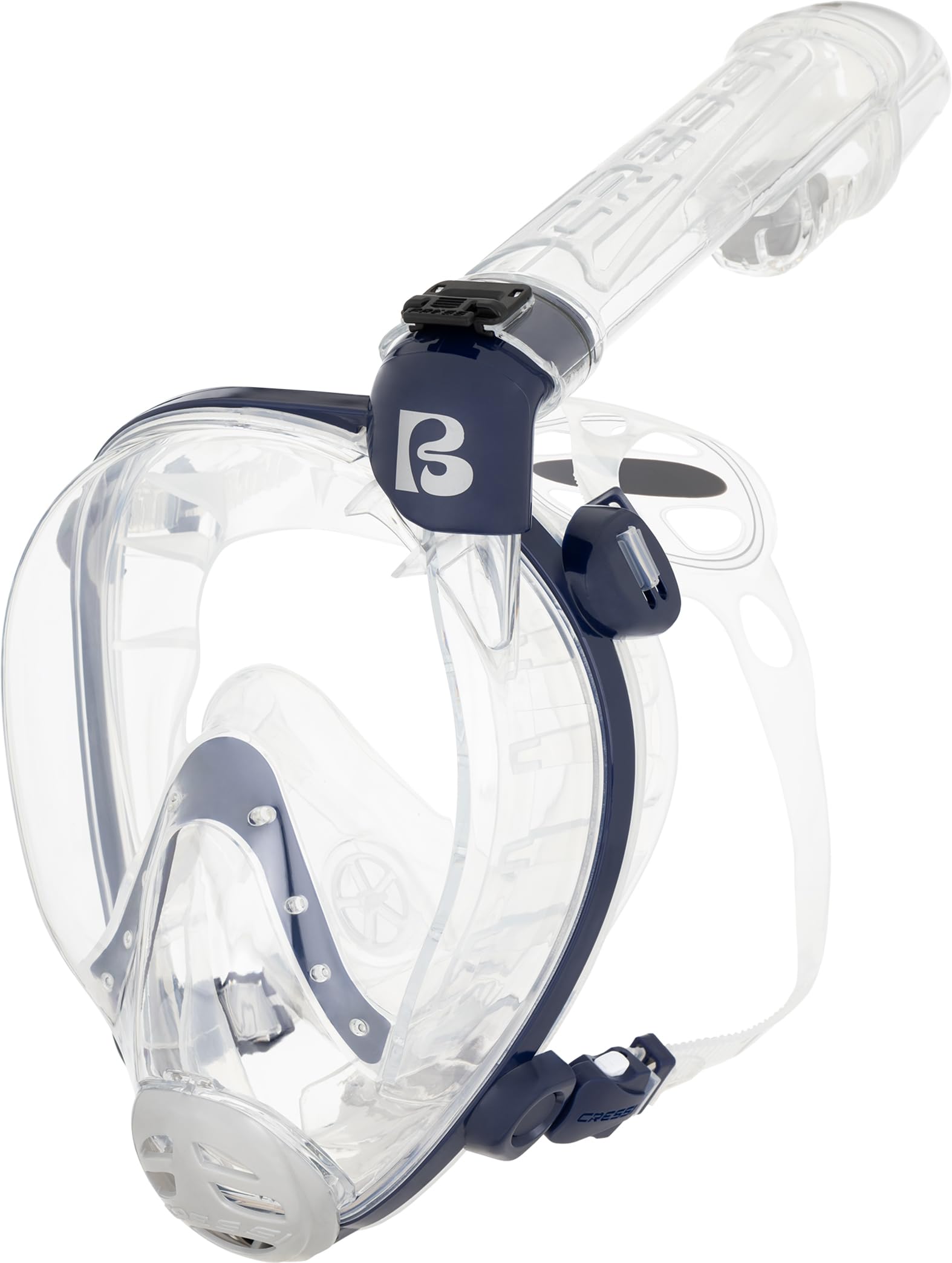 Cressi dal 1946 - Prince Full Face Mask - Maschera Integrale CO2 Sicuro Grande Visione Snorkeling, Anti Fog, Facciale Comfort, Valvola Scarico e Snorkel Dry - Trasparente/Blu Navy - M/L - Adulti - 1