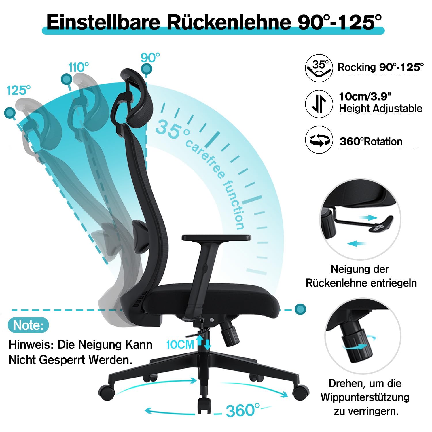 Bürostuhl Ergonomisch, Schreibtischstuhl mit Wippfunktion bis 125°, Verstellbarer Kopfstütze & Armlehnen, Drehstuhl mit Lendenwirbelstütze, Chefsessel aus Mesh, Bürostühle 150 kg, Schwarz