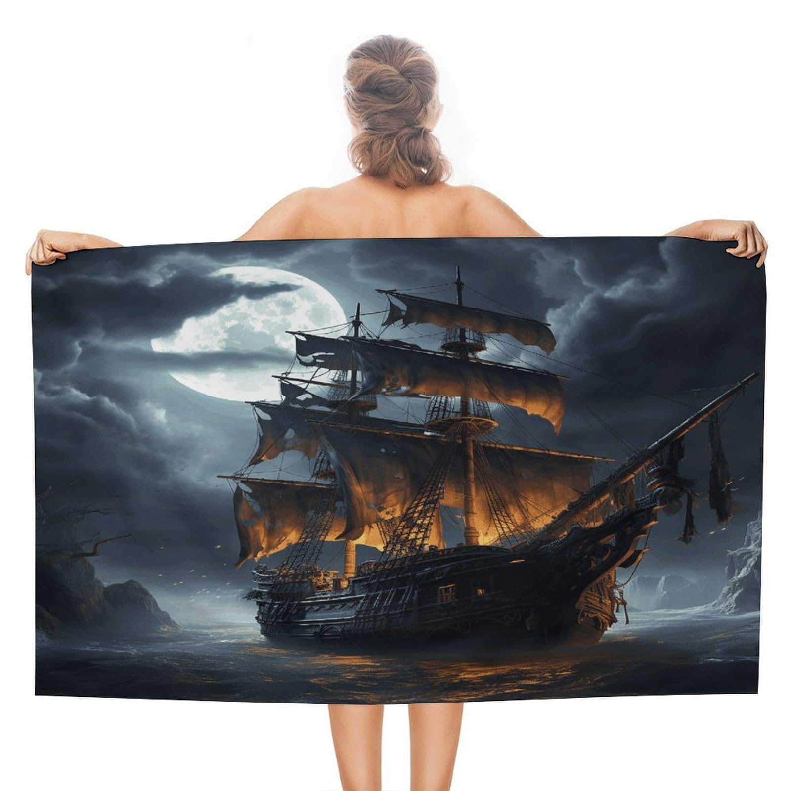 VstaDank Pirate Sailboat Full Moon Bath Towel Stylish Double-Faced Pile Travel Towel Soft Absorbent Beach Towel for Pool Swim Sports Camping Adults Gift 51X31 Inch