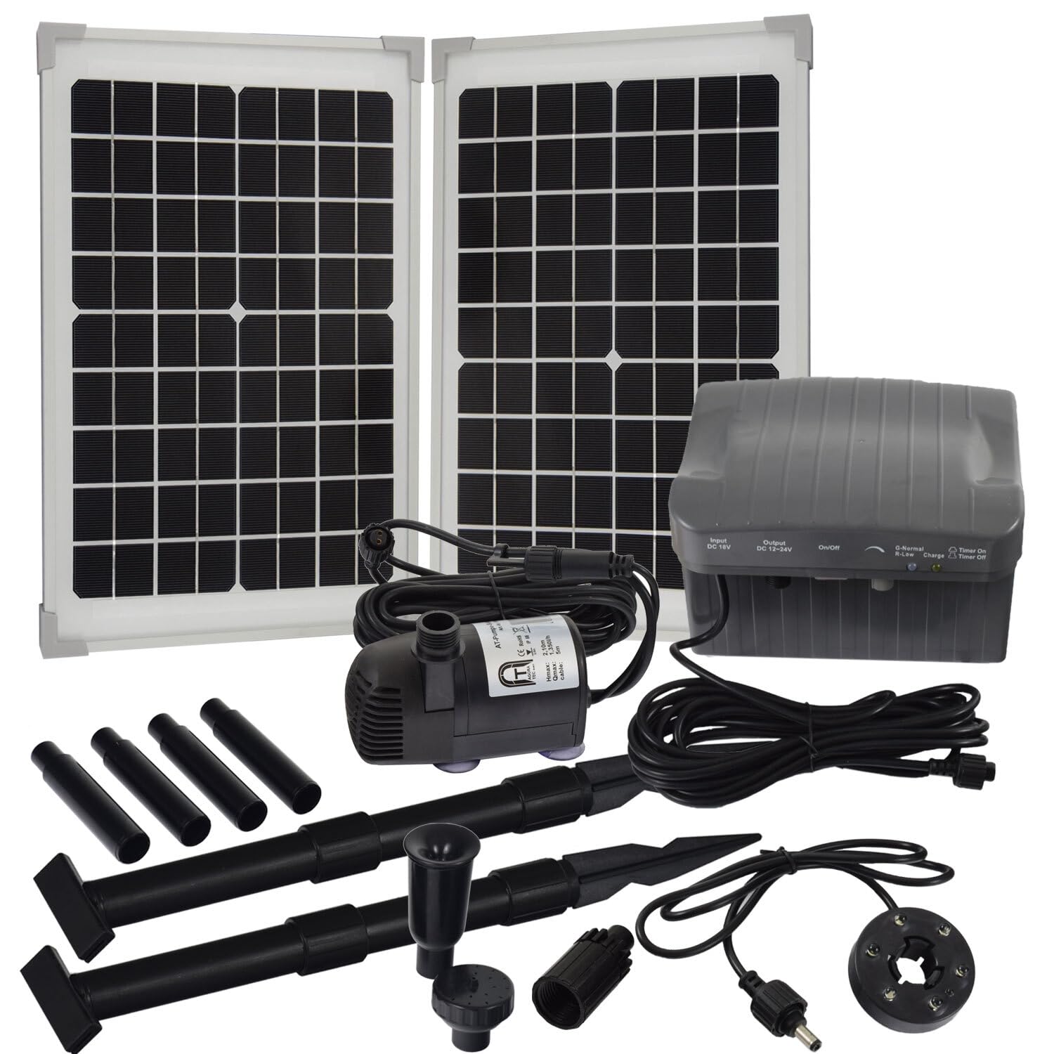 Agora-Tec® Solar Teichpumpe Set 20W beleuchtet Li-Akku & 6-fach LED Ring | Lithium-Ionen Akku 12,8V 6Ah | 1350l/h Fördermenge | inkl. Dämmerungssensor & Timer