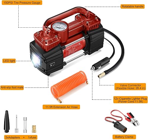 Miniatura 9 de GSPSCN Compresor de aire de doble cilindro CC de 12 V para automóvil inflador de neumáticos portátil resistente bomba de neumáticos de 150 PSI con