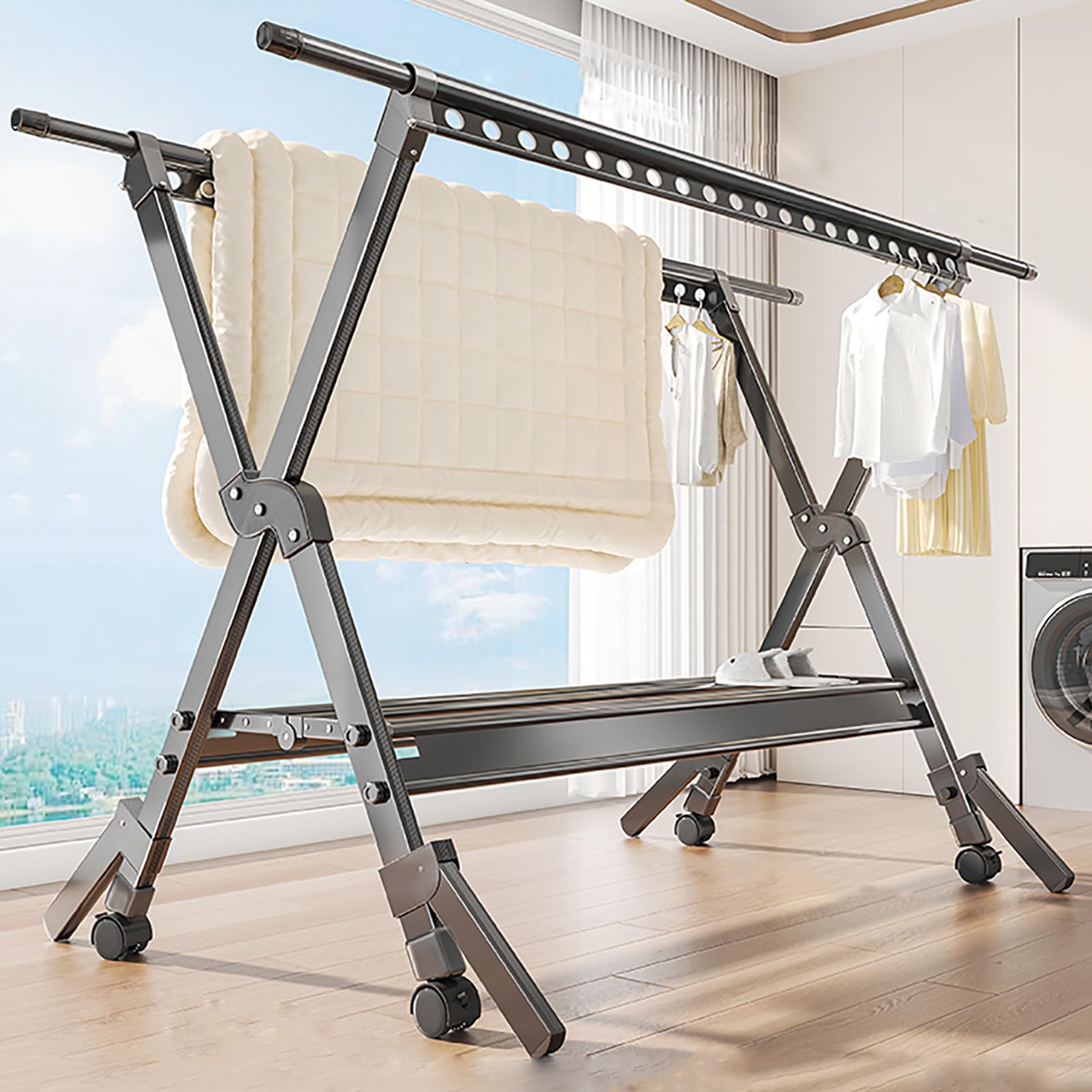 Égouttoir réglable en aluminium pour en finir avec le linge qui tombe au vent