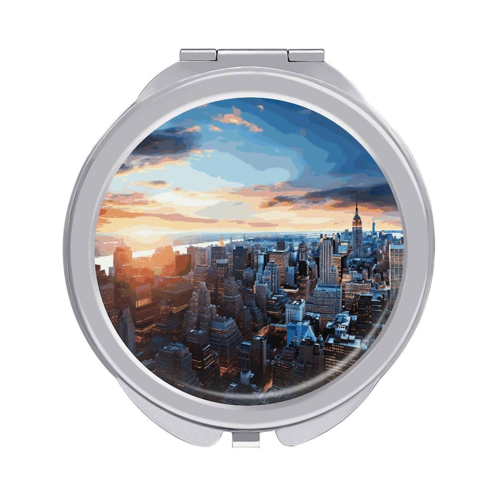 Fekiloot Style New York City Skyline Travel Makeup Mirror Handheld Compact Mirror Portable Pocket Mirror Double-Sided 1X/2X Magnifying For Handbag And Purses