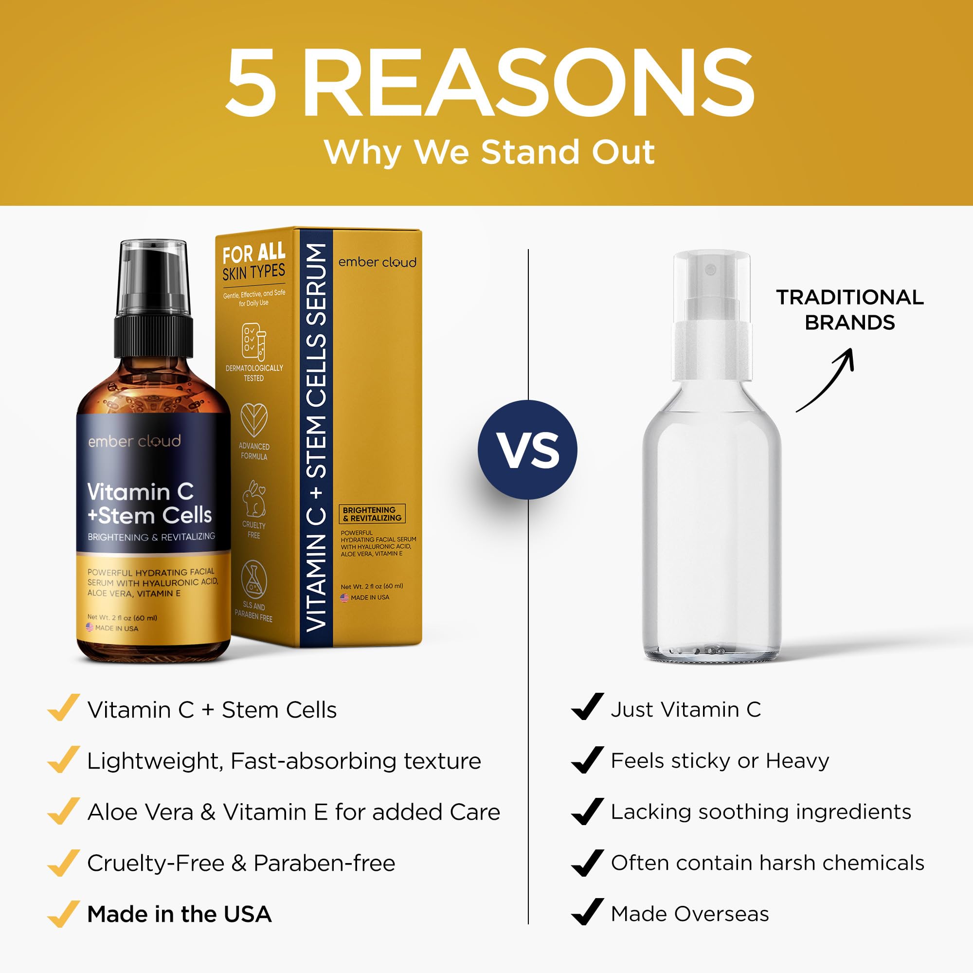 Siero alla vitamina C per viso e occhi (2 oz) con acido ialuronico, cellule staminali, vitamina E e aloe vera: favorisce la salute della pelle e unifica il tono.