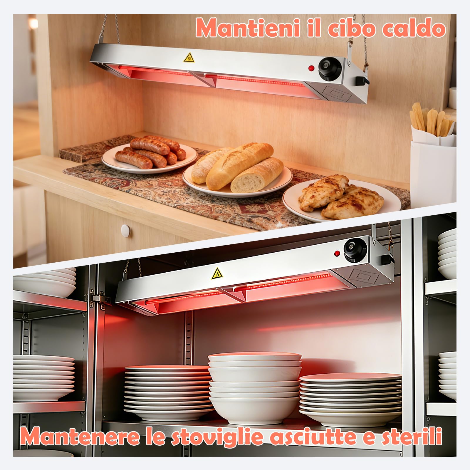 Lampada Scaldavivande da Cucina | Lampada Riscaldante a Infrarossi a Sospensione, Temperatura Regolabile (30–80 °C) | Lampada Scaldavivande a Sospensione adatta a Buffet, Mense e Hotel (1, 90cm)