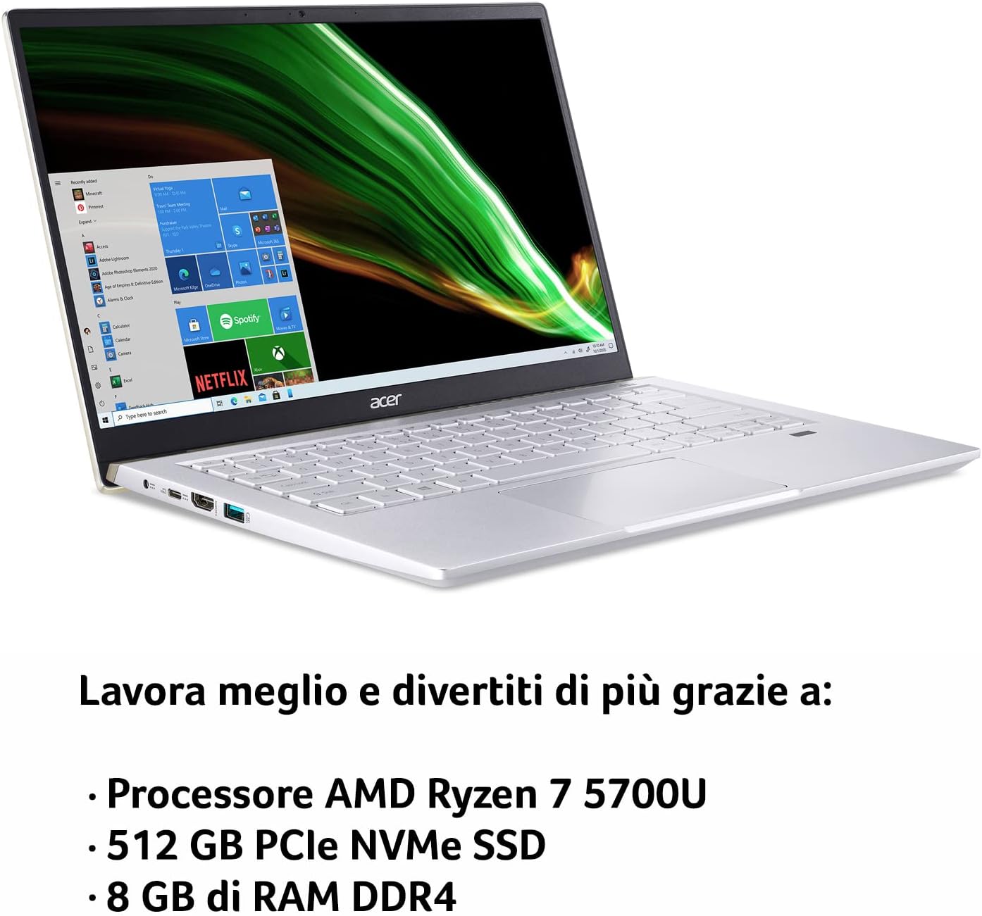 Acer Swift X SFX14-41G-R5VA PC Portatile, Notebook, Processore AMD Ryzen 7 5700U, RAM 8 GB DDR4, 512 GB PCIe NVMe SSD, Display 14 FHD IPS LED LCD, NVIDIA GeForce GTX 1650 4 GB, Windows 10 Home