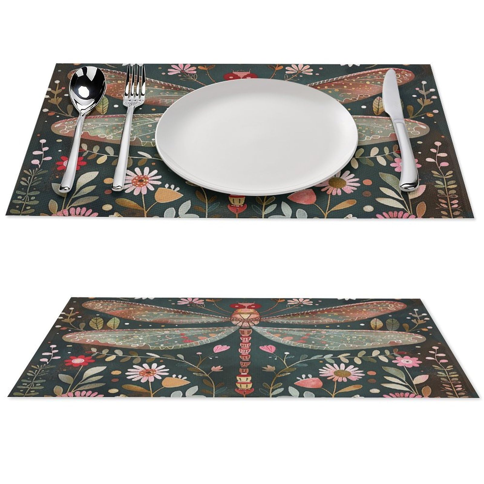 Dragonfly Art Style Placemats Set of 6 PCS Heat-Resistant Washable PVC Place Mats Non-Slip Wipeable Vinyl Woven Kitchen Table Mats for Indoor Outdoor Party Dining Table 12x18 Inch