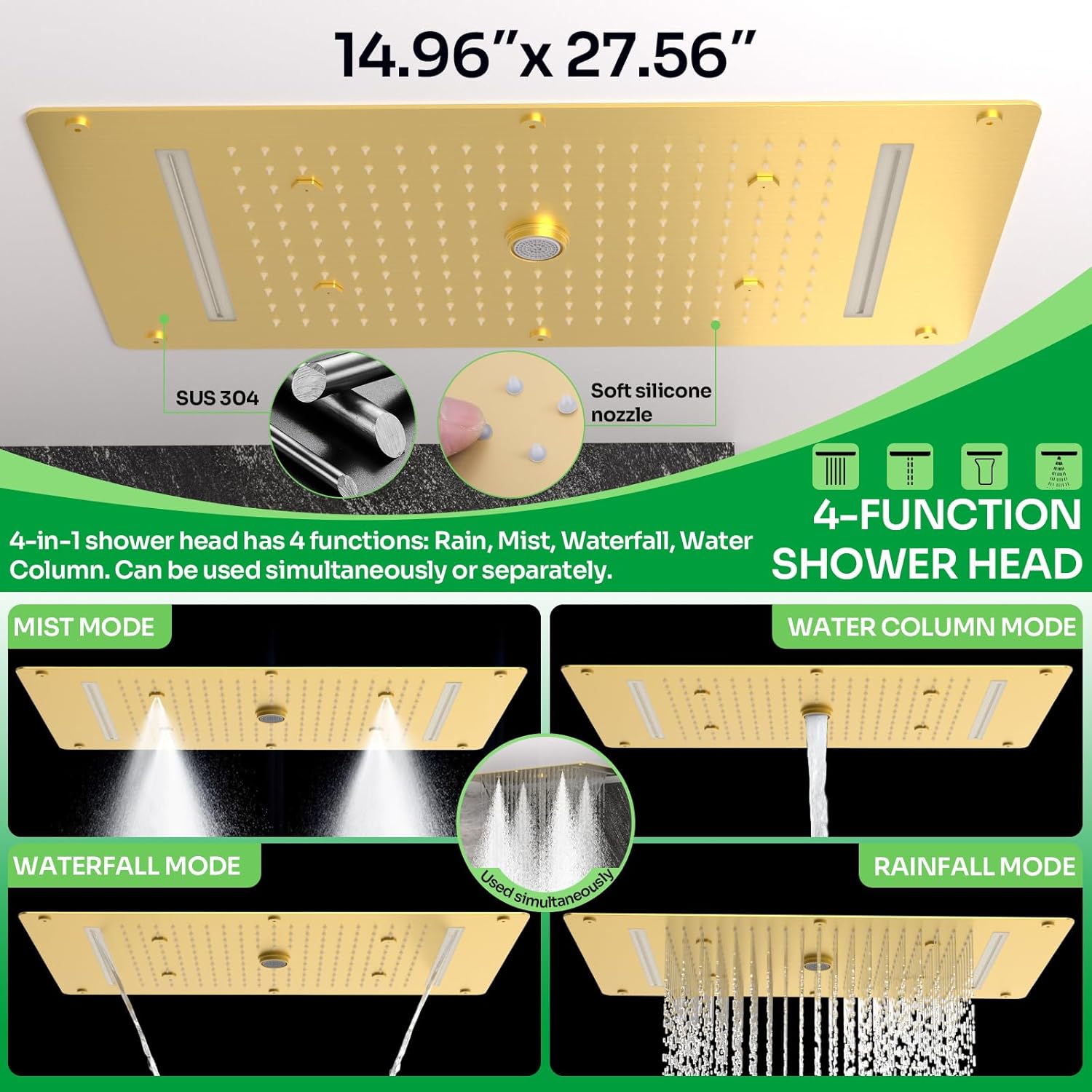 HOMEDEC Dual Shower System for Two, 15x28" Rain 4-Function & 6" Shower Heads, 5-Way Diverter Valves, Shower Faucet Set with Body Jets, Brushed Gold