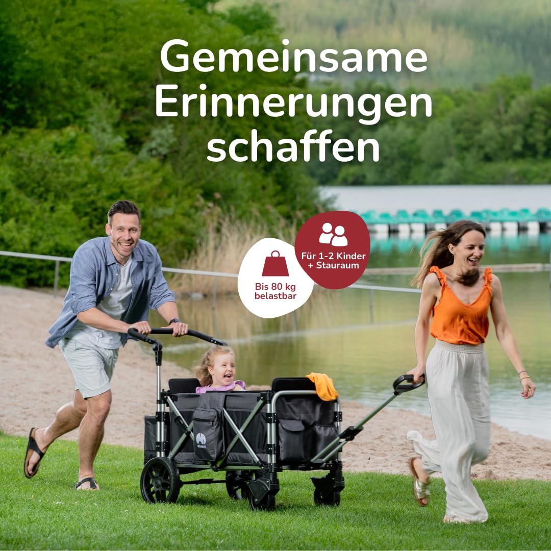 elvent® FamilyStar 2 Sitzer Bollerwagen | Handwagen faltbar mit Dach I Sitzpolster, Hecktasche, Feststellbremse, PU-Reifen, 5-Punkt-Gurte für 2 Kinder, Teleskop-Zugstange