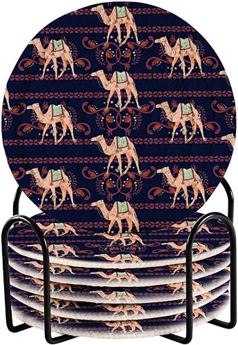 6 Pcs Camel Vintage Tribal Coasters for Drinks, Absorbent Round Woven Coaster with Holder for Coffee Table Tabletop Protection for Home Decor