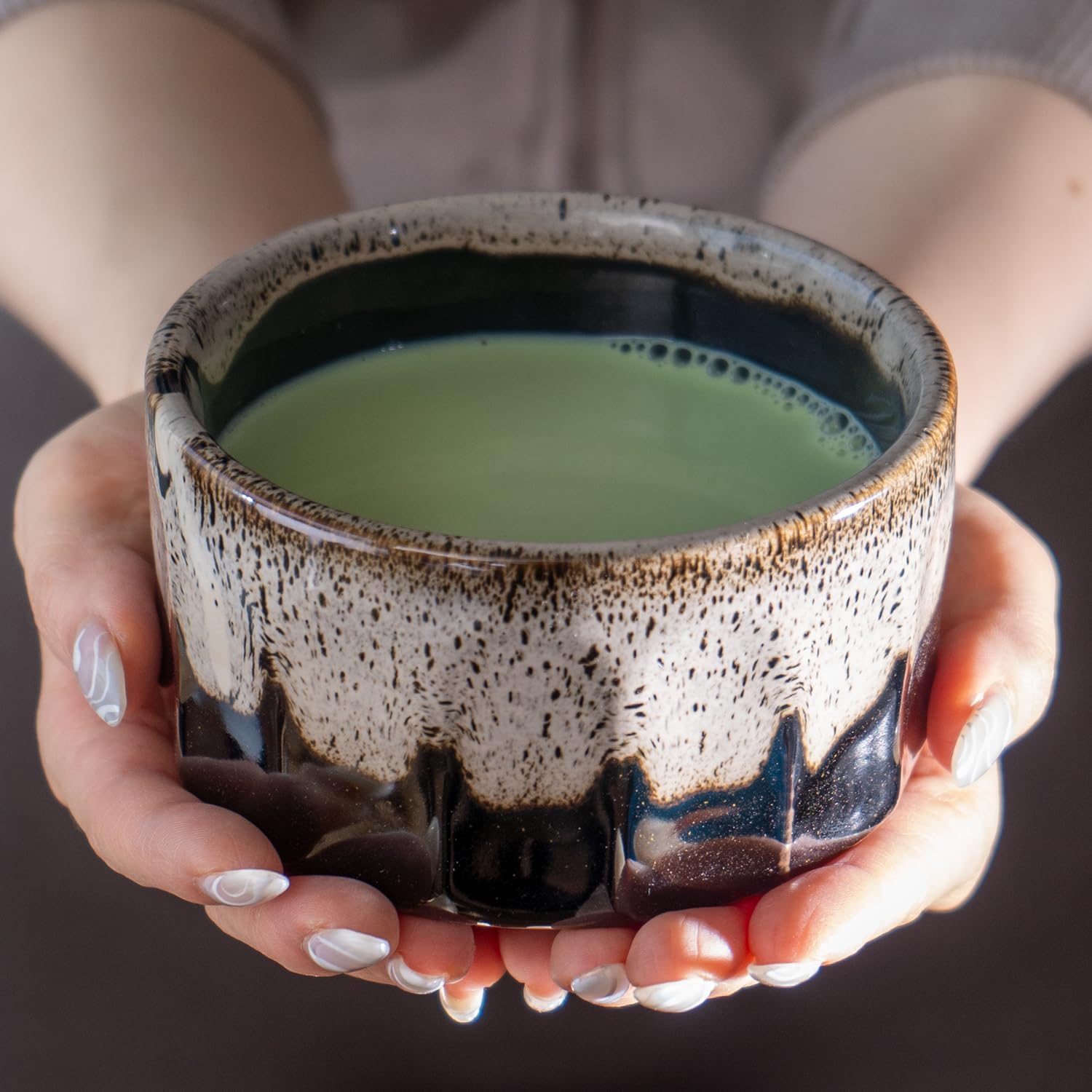 Urban Tokyo Matcha Bowl Minoware Porcelain Reactive Glazed 12 oz Handcrafted Porcelain Made In Japan (Celadon Green) (Black Beige Reactive Glaze)