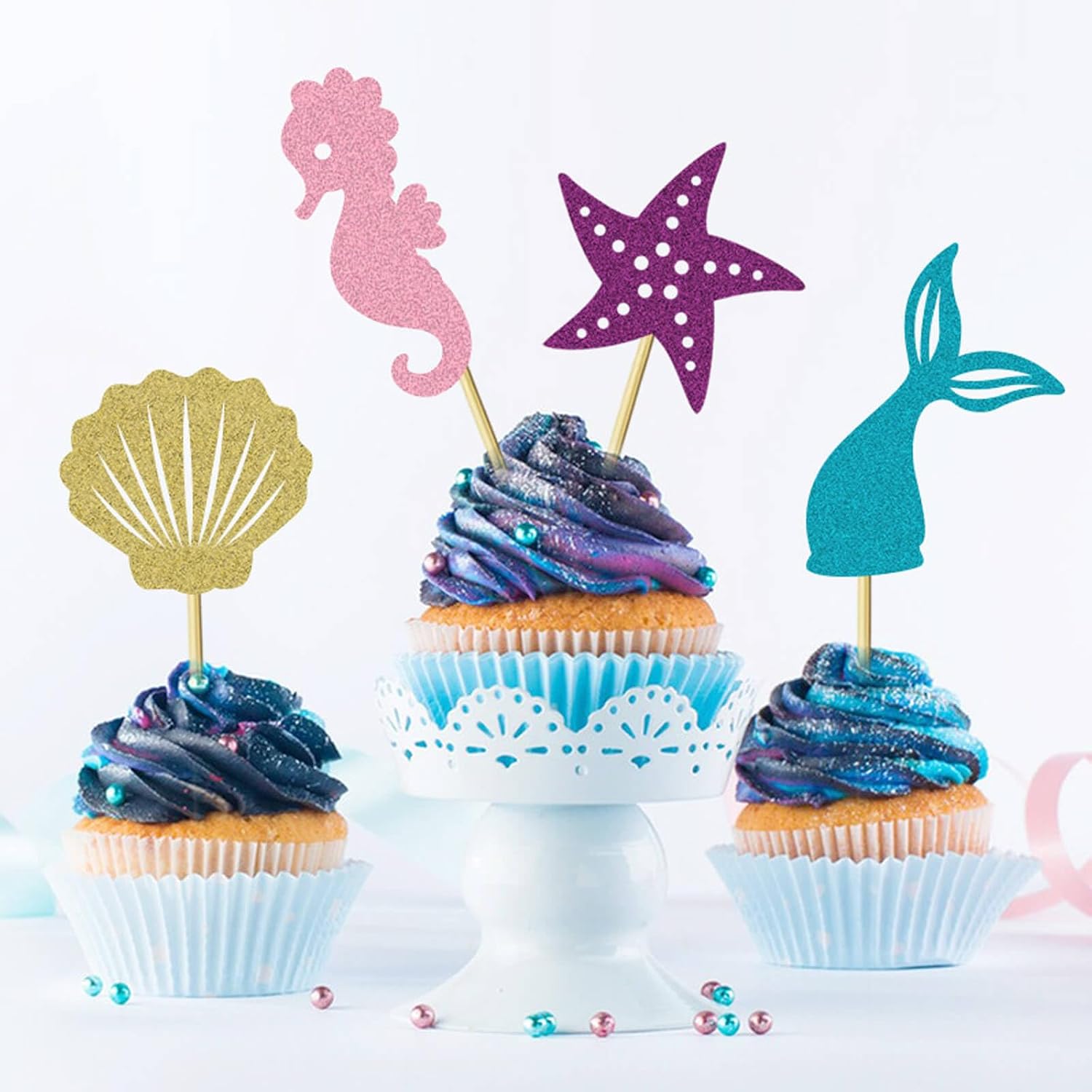 24Pcs Mermaid Cupcake Toppers Shell Seahorse Starfish Mermaid Tail Cupcake Picks Baby Shower Under the Sea Theme Birthday Party Decorations Supplies