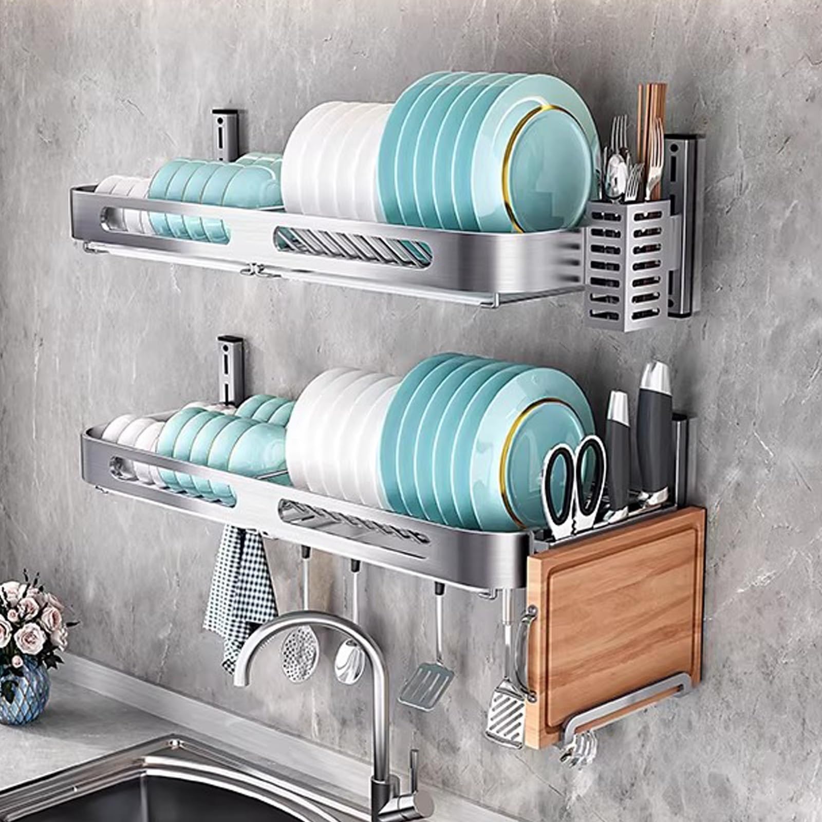 Scolapiatti Con Vassoio Gocciolante, Scaffale Da Cucina Scaffale Da Muro Per Stoviglie In Acciaio Inox A Parete A Parete，Porta Bastoncini
