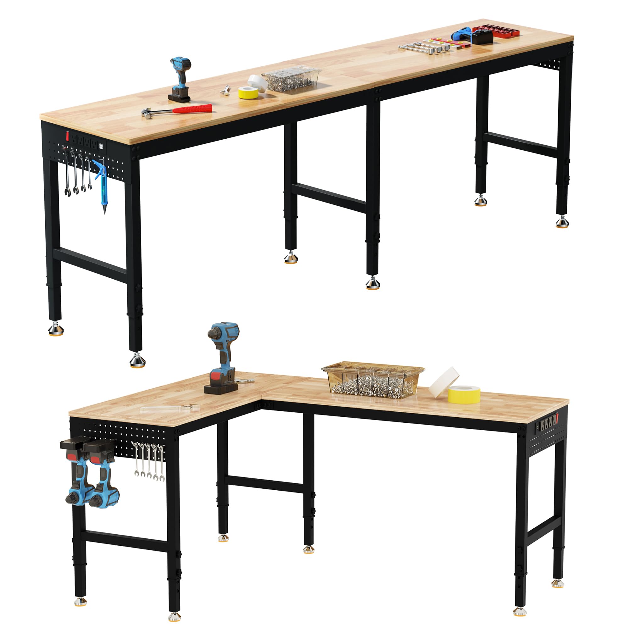 Betterhood 72" 2-in-1 Convertible Adjustable Workbench, L-Shaped &amp; Extended 5000 LBS Heavy Duty Work Table with Power Outlets &amp; Pegboard, Rubber Wood Workstation for Garage, Workshop