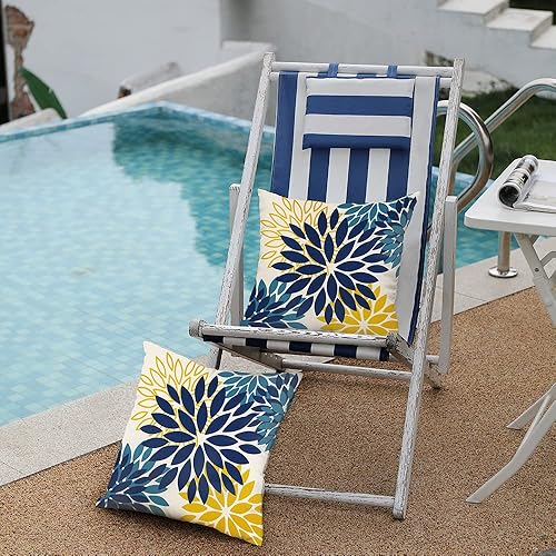 Miniatura 4 de Juego de 2 fundas de almohada de flores azules y amarillas de 16 x 16 pulgadas, para exteriores, impermeables, decoración para sala de estar, sofá,