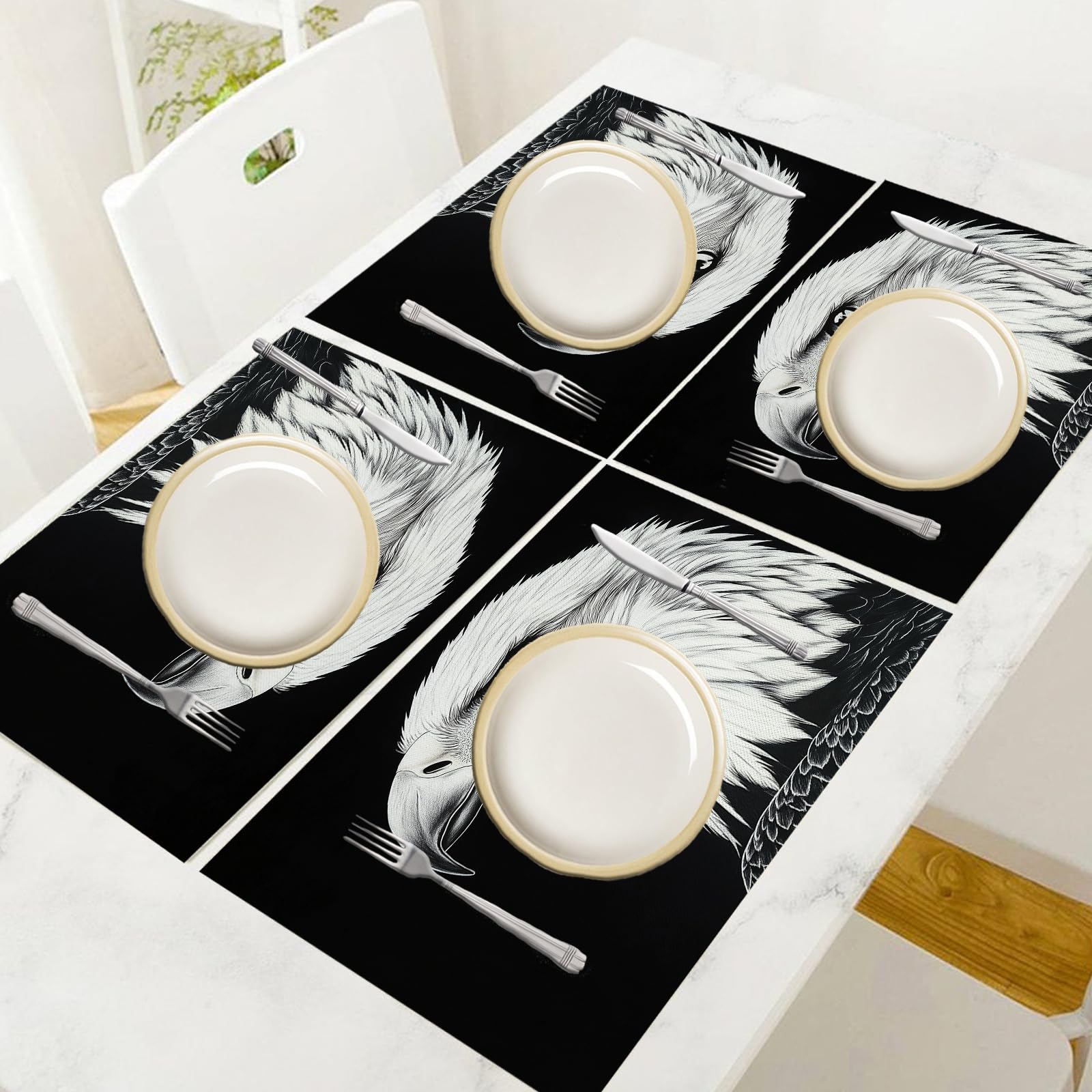 Tovaglietta Americana Animale in Cotone Lino Rettangolare - Tovagliette Set di 8 Testa d'aquila bianca e nera Resistente al Calore per La Cucina, Il L'Ufficio, 30 x 45cm