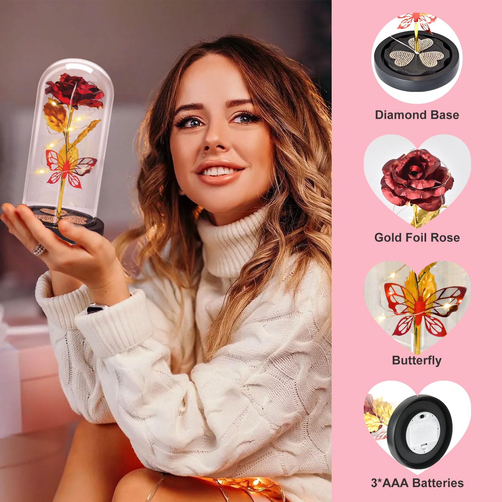 Yootiko Ewige Rose Im Glas Mit LED Licht – Glitzer-Rosen Deko, Geschenk Für Frauen, Mama, Freundin, Für Jahrestag & Weihnachten