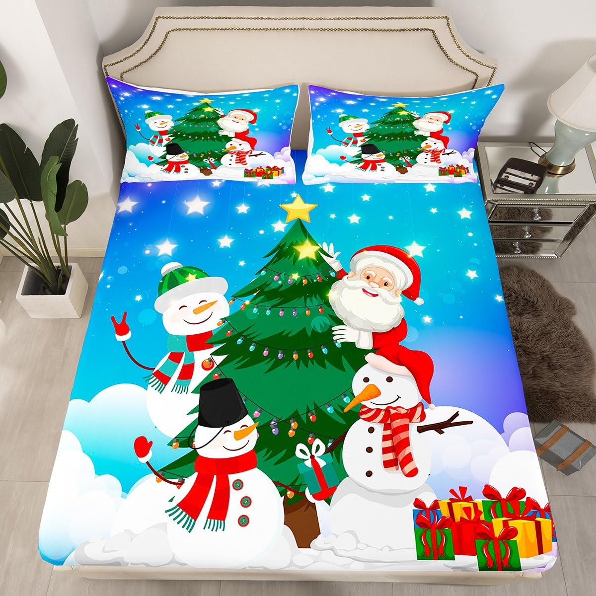 Xmas Fitted Sheet Single Size, Christmas Tree Snowman and Santa Claus Bedding Set 2pcs for Kids Girls Adults, New Year Theme Bed Cover with 1 Pillowcase, Soft Polyester Bedding — image 1