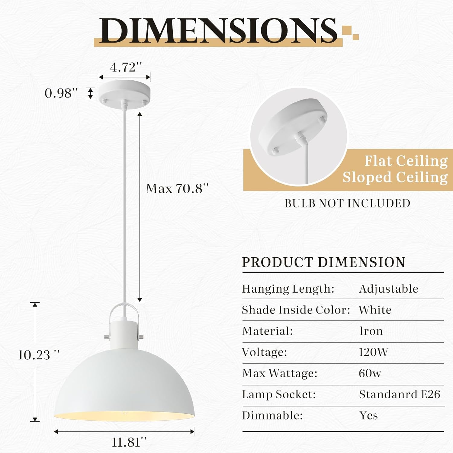 White Pendant Light 2 Pack, 11.8 Inch Dome Pendant Lights Kitchen Island, Farmhouse Pendant Lights for Kitchen Island, Dining Room, Living Room