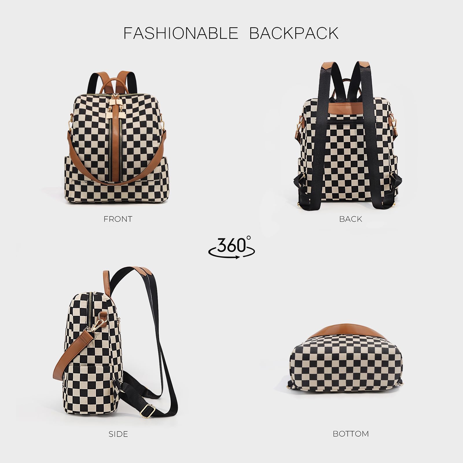 Mochila bandolera de cuadros para mujer, bolso de PU de gran capacidad, mochila escolar con cierre de cremallera, estilo versátil para compras y actividades al aire libre, ideal para trabajo