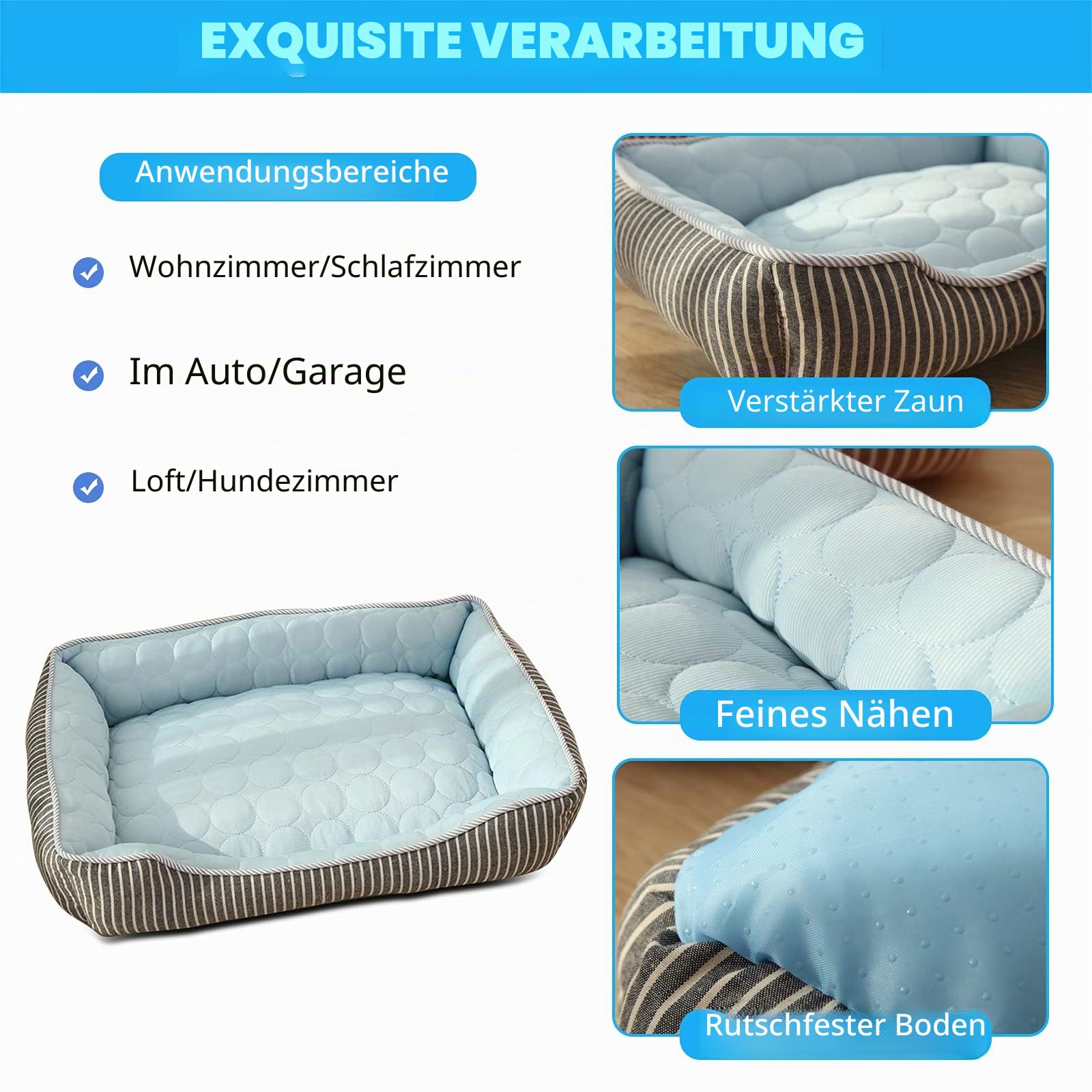 PETCUTE Kühl Hundebett,Orthopädisches Hundebett Grosse Hunde,Waschbar Hundekorb mit 4 Rändern,Hundesofa, Hundekissen mit Anti-Rutsch-Boden,Passend für Sommer,Blau,L