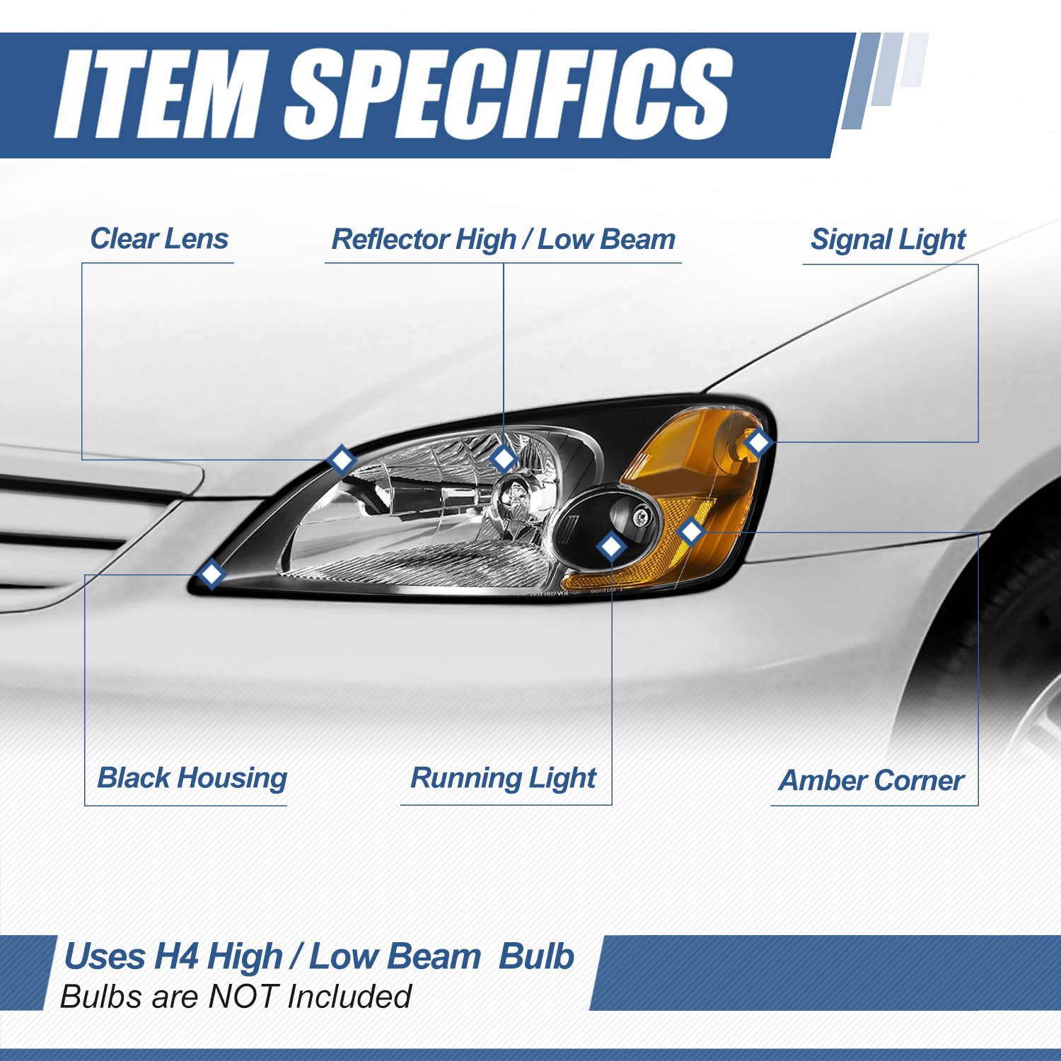 Auto Dynasty Headlights Assembly Compatible with 2001 2002 2003 Honda Civic Coupe/Sedan, Driver and Passenger Side Halogen Headlamps Replacement, HO2519102 HO2518102, Black Housing Amber Corner