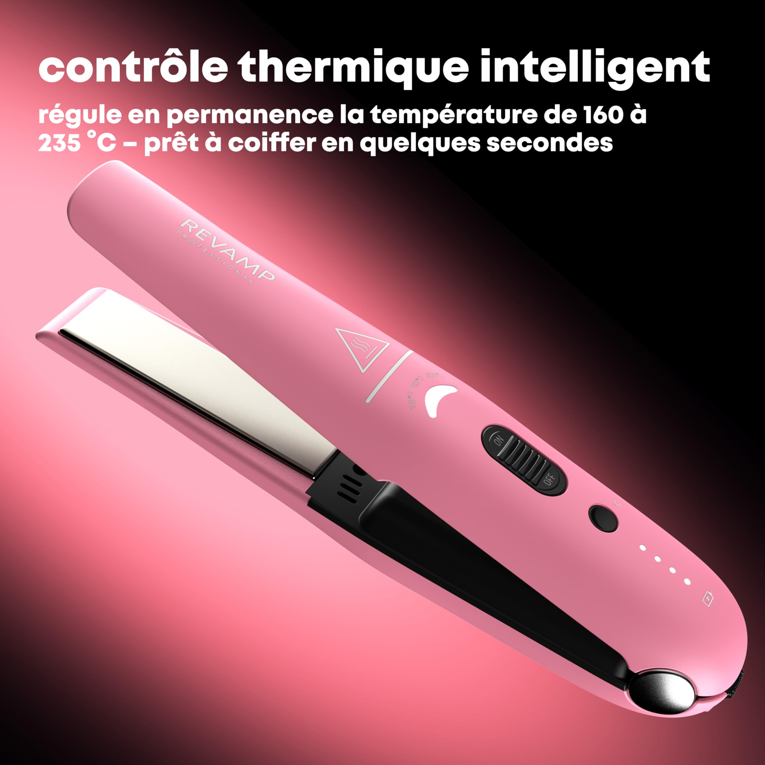 REVAMP Liberate Lisseur Céramique Sans Fil - Fer à lisser Rechargeable Batterie Lithium, Mini Lisseur de Voyage pour Lisser, Boucler et Onduler, Plaques Ionique, Rose