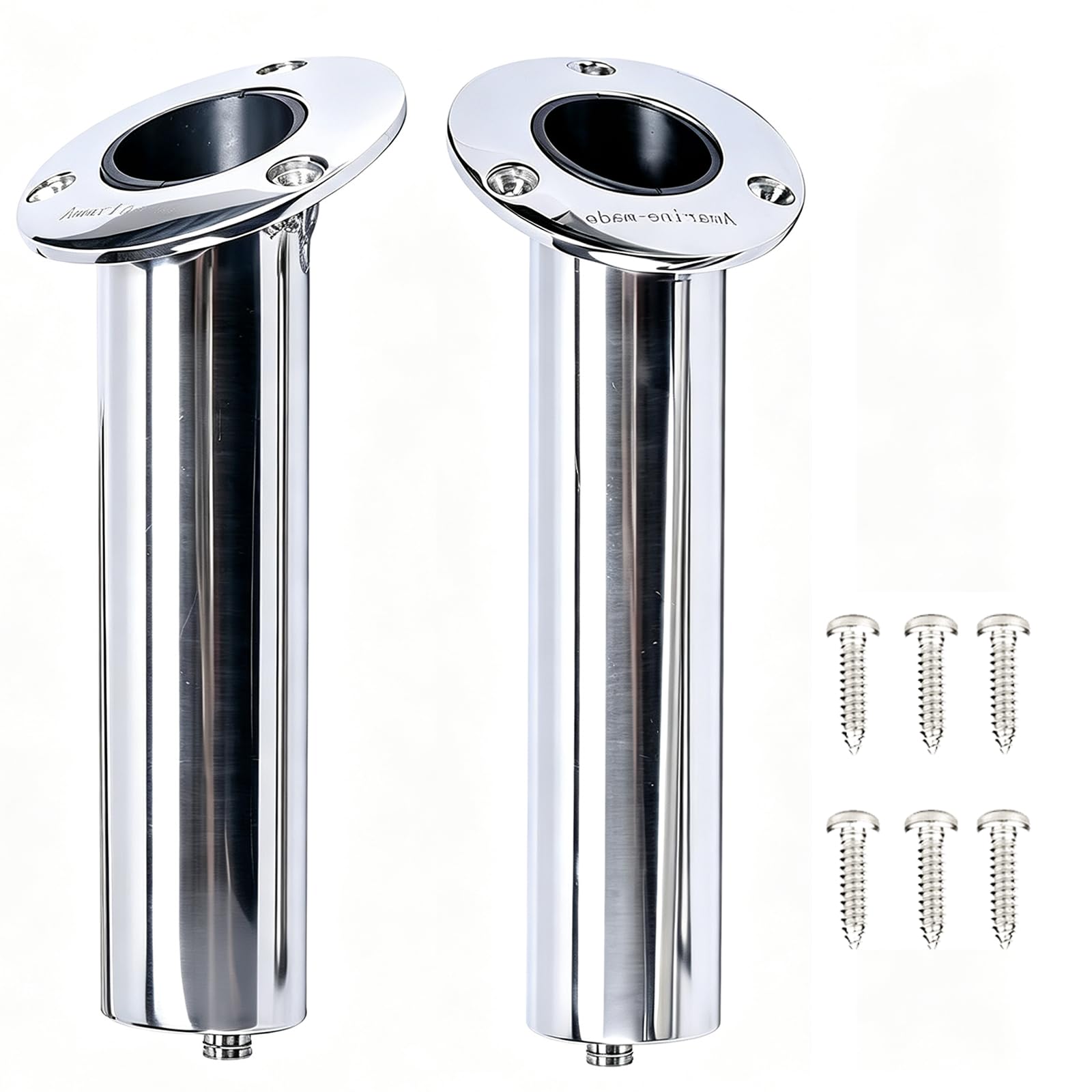 (Set of 2) Amarine-Made Heavy Duty Stainless Steel 316 Deluxe Rod Holders with Drain, Flush Mount Fishing Rod Pole Holders, 30 Degree